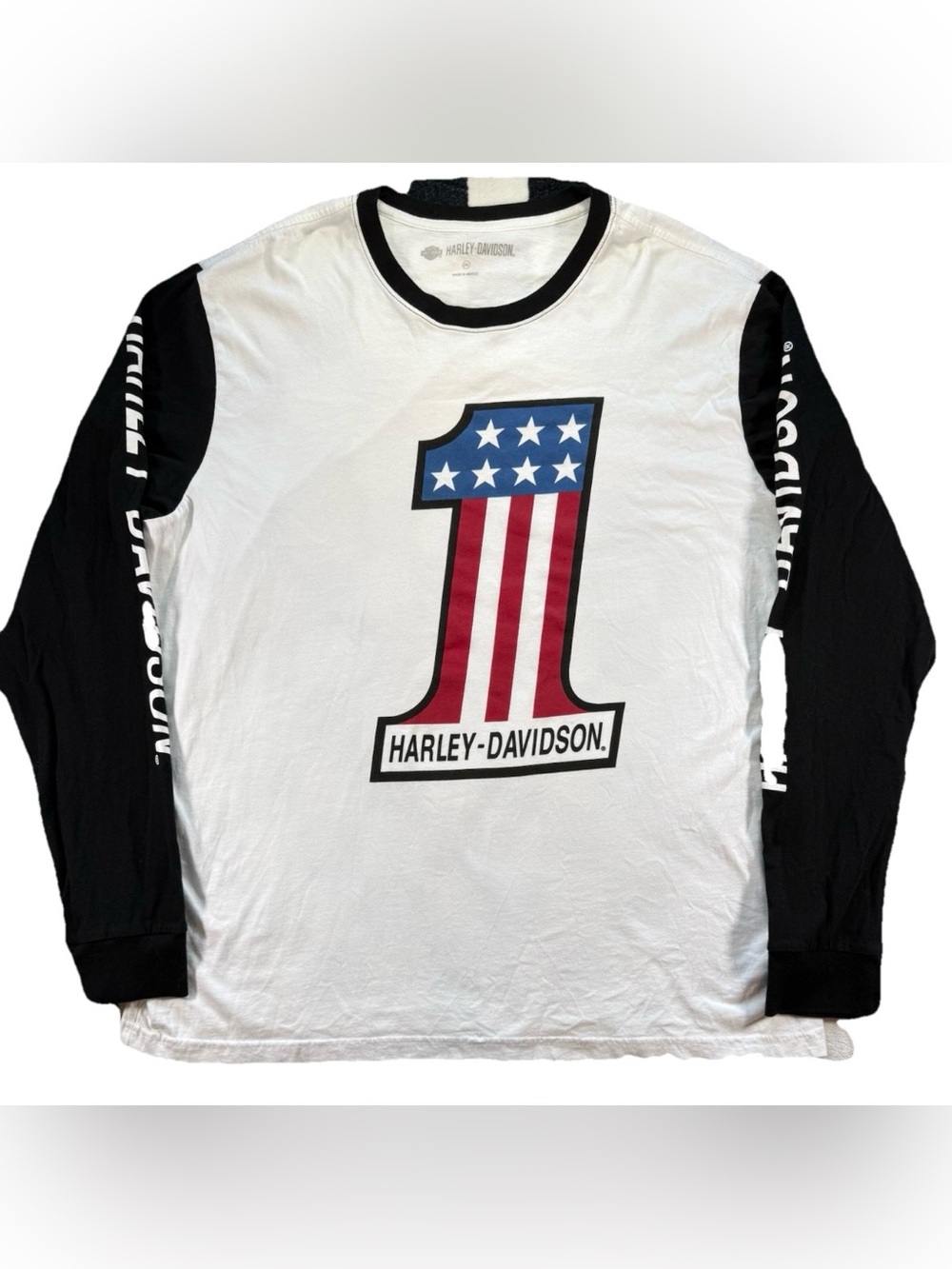 Harley Davidson 1 USA Flag Color block Long Sleeve T Shirt Men's 2XL White Biker